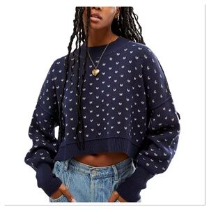 Free People Navy Blue Heart Pattern Sweater